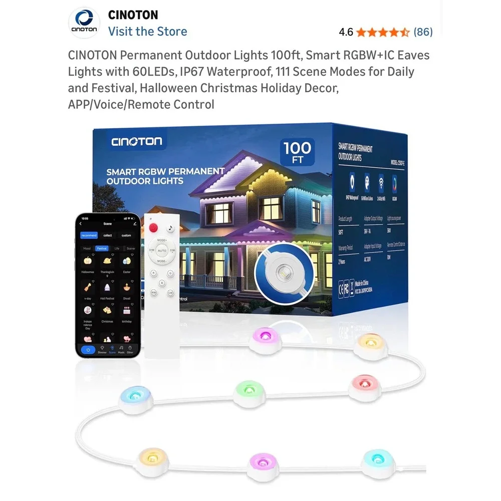 CINOTON 100ft Smart RGBW+IC Permanent Outdoor Lights‎ Waterproof App Control NEW